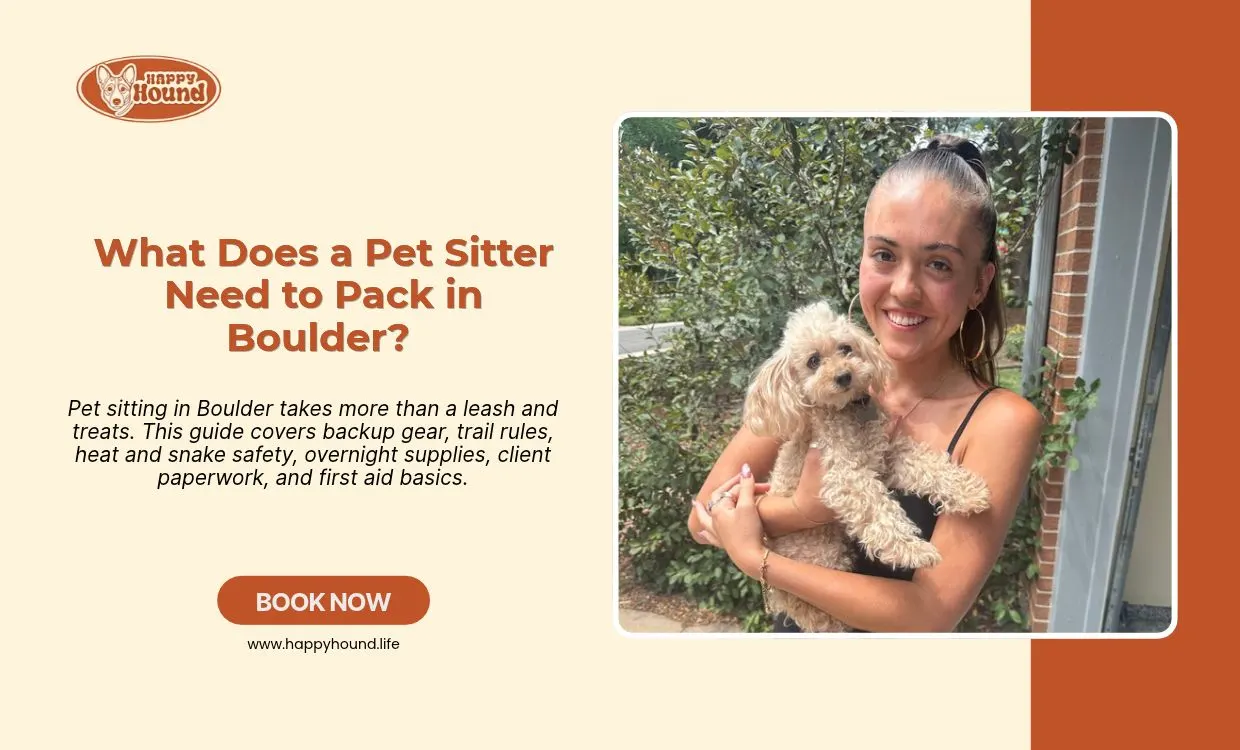 Pet sitter's bag with a leash, slip lead, water bowl, and first aid kit laid out for a dog walk in Boulder