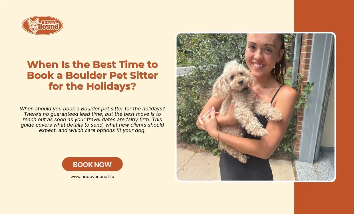 Dog sitting in a backyard in Boulder with a Happy Hound pet sitter